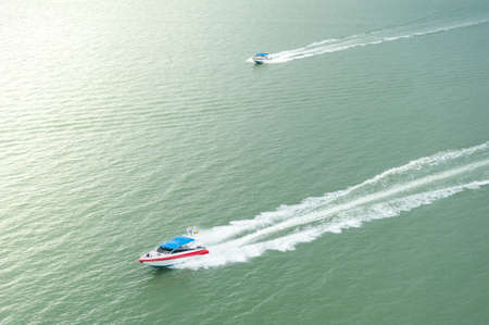 Two motor boats,Two Speed boats at sea photo from a heightの写真素材