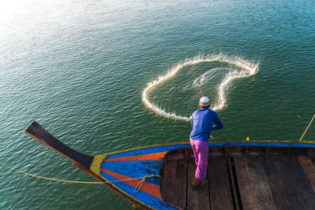 Muslim Fisherman Fishing Nets,Andaman Sea off the coast, Ranong Southern Thailandの写真素材