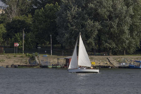 Sailing boats on Sava River in Belgrade, Serbiaの写真素材