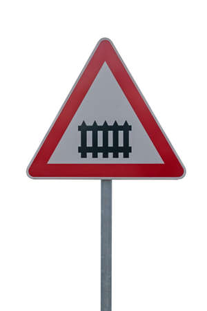 Railway crossing sign,  train railroad crossing sign isolated on whiteの写真素材