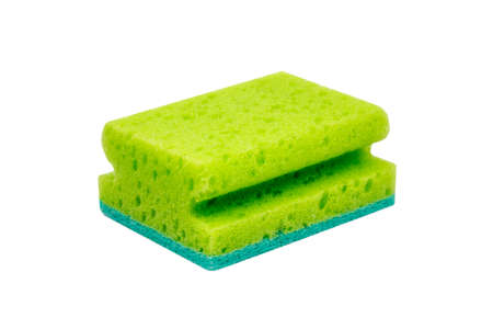 Green scrubbing sponge, washing sponge isolated on white with clipping pathの写真素材