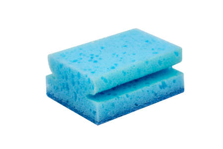 Blue scrubbing sponge, washing sponge isolated on white with clipping pathの写真素材