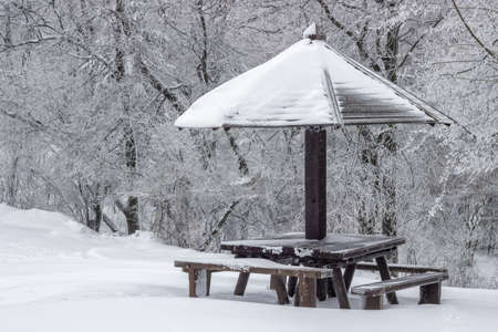 Wooden picnic table with wooden umbrella at winter, good resting place. Picnic bench set with table.の写真素材