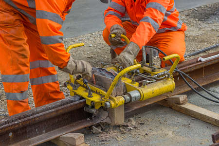 Thermit Welding Equipment. Weld Trimmer for removal of extra metal from rail head. Hydraulic trimming device.の写真素材