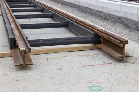 Cross section of the new profile tram rail. Selective focus.の写真素材