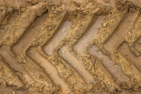 Tractor tyre track closeup on the muddy ground.の写真素材