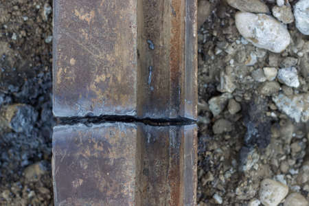 Cutted steel tram tracks, works on the demolition tram tracksの写真素材