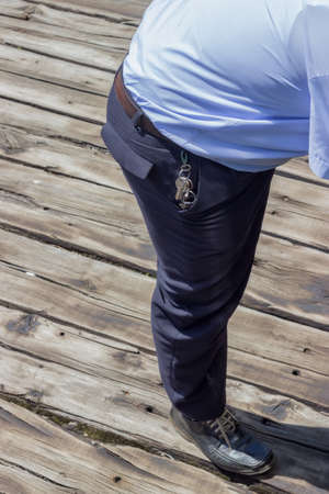 Keys on belt loop, carrying keys in pocket hanging off belt. Concept: secure a keys.