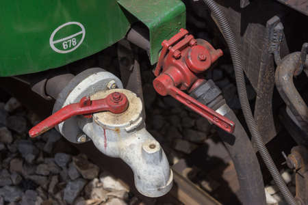 Vintage coupling between wagons, air brake pipe.の写真素材