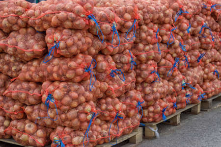 Farmers market onion sacks. At the farmers market local growers come and sell their freshly picked crops at reasonable prices. Focus on front of image.の写真素材