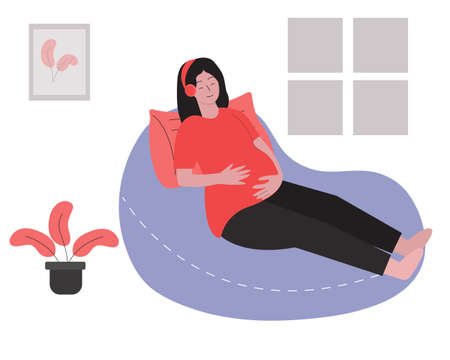 Pregnant woman relaxing and listening musicのイラスト素材