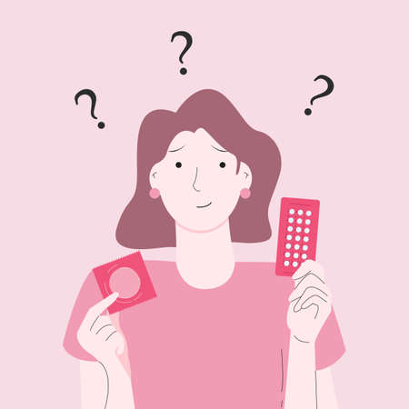 A woman confused about choosing the birth control pill and the condom.のイラスト素材