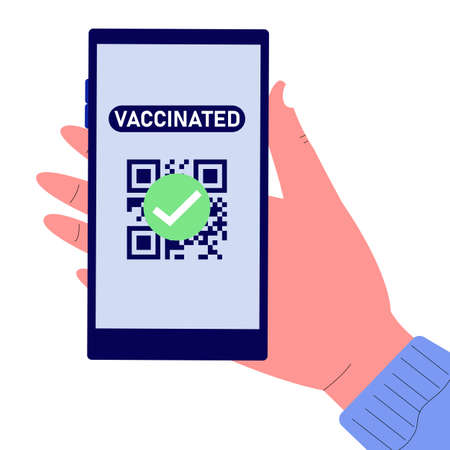 Hand holding phone with QR code vaccinatedのイラスト素材