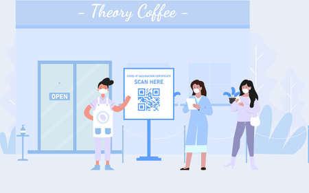 Coffee shop  vaccine certificate QR code scanningのイラスト素材
