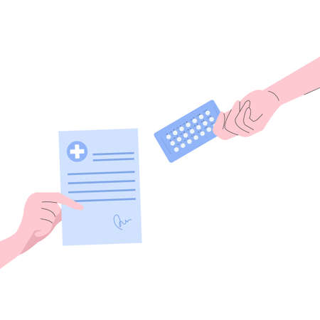 Illustration of hands with medicine and medical prescriptionのイラスト素材