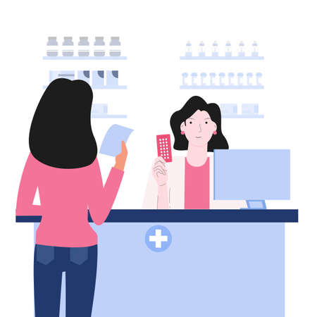 Pharmacy illustration with pharmacist and a girl holding medical prescriptionのイラスト素材