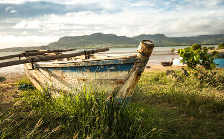 Blue boat on the coastの写真素材