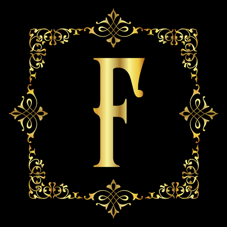 Gold color Letter F with vintage floral frame isolated in black backgroundのイラスト素材