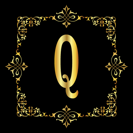 Gold color Letter Q with vintage floral frame isolated in black backgroundのイラスト素材