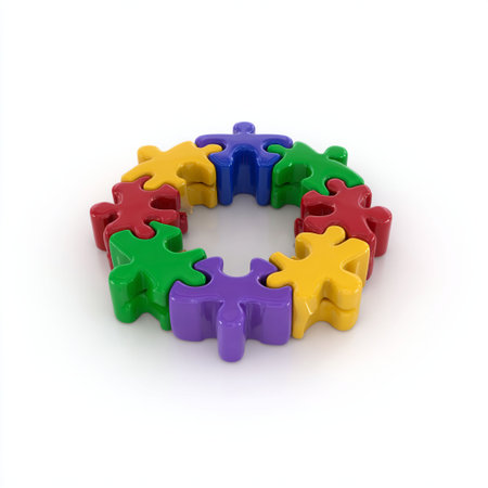 Colorful puzzle on white background. Isolated 3D image. teamwork, presentation templateの素材