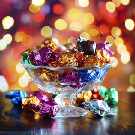 Colorful candies in glass bowl on bokeh background.の素材