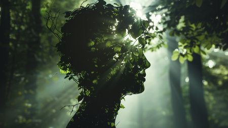 Conceptual image of a man's face in the forest.の素材