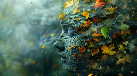 Zombie head with autumn leaves. Halloween concept. 3D Renderingの素材