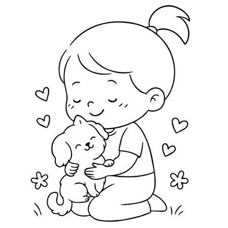 Coloring Page Outline Of a Little Girl Hugging a Catのイラスト素材