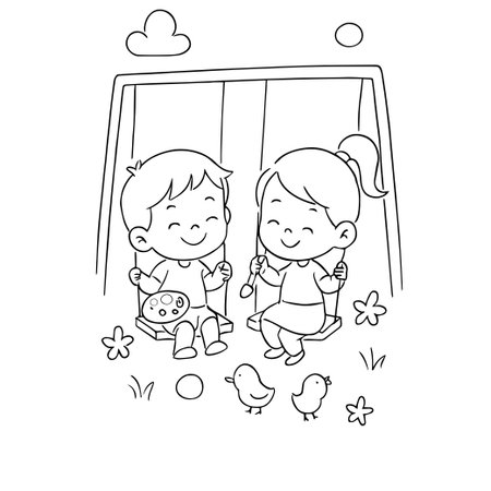 Coloring book for children: boy and girl playing on the swingのイラスト素材