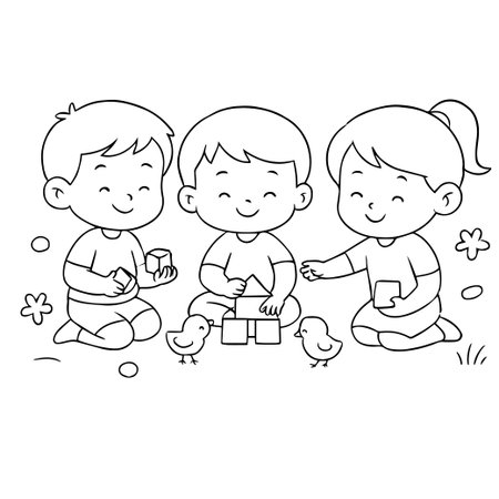Coloring Page Outline Of Kids Playing With A Gift Box.のイラスト素材
