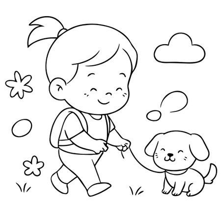 Coloring Page Outline Of cartoon girl playing with her dog.のイラスト素材