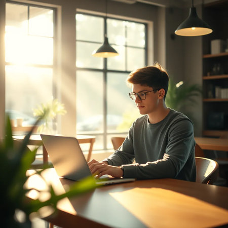 Young man in glasses working on laptop at table in coffee shop.の素材