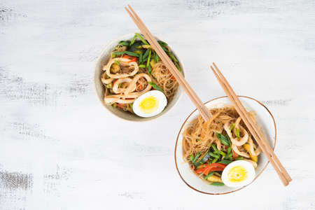 Thai stir fry with noodles, seafood and vegetables