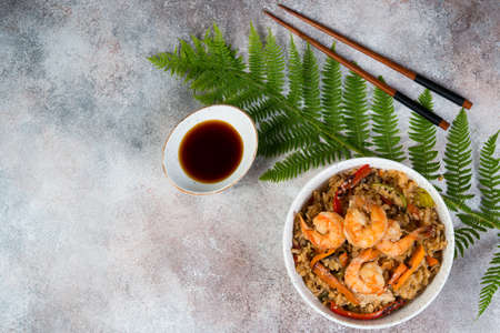 Tyahan with egg, vegetables and shrimp on a light concrete background with a fern leaf and soy sauce. Horizontal photo. Top viewの写真素材