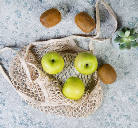 Eco-friendly shopping bag, zero waste concept, shopping bag with fruit, kiwi, apples and succulent...