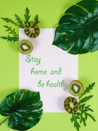 Color creative pattern with text, stay home and be healthy, stop coronavirus, top viewの写真素材