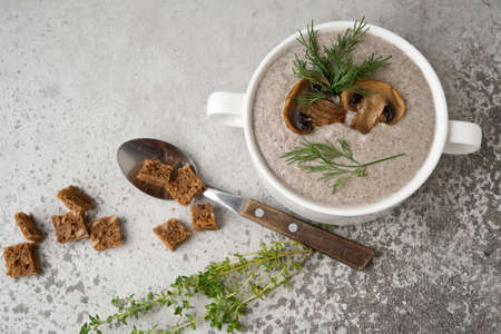 Cup of hot creamy mushroom cream soup with crackers, vegetarian foodの写真素材
