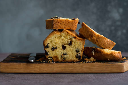 Long homemade cake with raisinsの写真素材