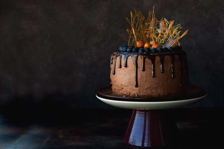 Homemade chocolate cake decorated with caramel decorations. Selective focusの写真素材