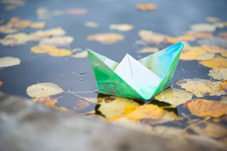 Paper boat in a pond in rainy autumn weather