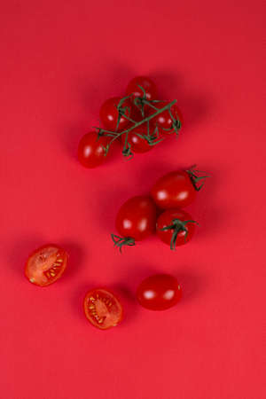 Fresh ripe cherry tomatoes on a branch on a red background, monochrome, trend bright backgroundの写真素材
