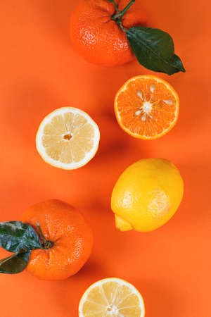 Juicy ripe tangerines and lemons with leaves on a trending orange background, monochrome styleの写真素材