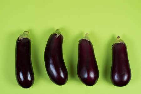 Fresh eggplants on a pastel green background, minimalism の写真素材