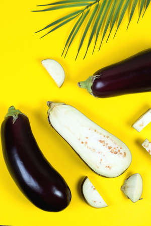 Ripe purple eggplant on a colored yellow background, creative flat layの写真素材
