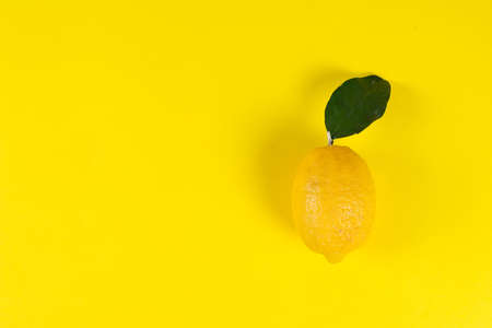Ripe juicy lemon with leaves on a colored yellow background, creative flat layの写真素材