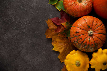 Autumn composition with colorful fresh pumpkins and autumn leaves, Thanksgiving, autumn background, top view, copyspaceの写真素材