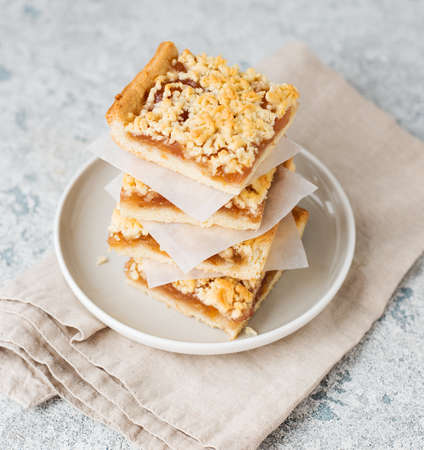Homemade berry crumble bars with jam, homemade cookies, selective focus, close upの写真素材