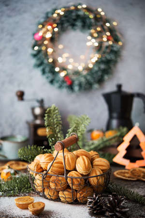 Christmas sweets cookies nuts with condensed milk on the festive table, Christmas decorations, selective focusの写真素材