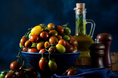 Fresh organic cherry tomatoes on a branch, colorful seasonal tomatoes in a bowl on a dark backgroundの写真素材
