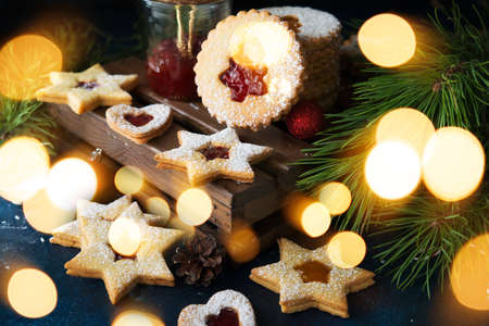 Christmas cookies with jam. A popular Austrian cookie is Linz cookies. Selective focus.